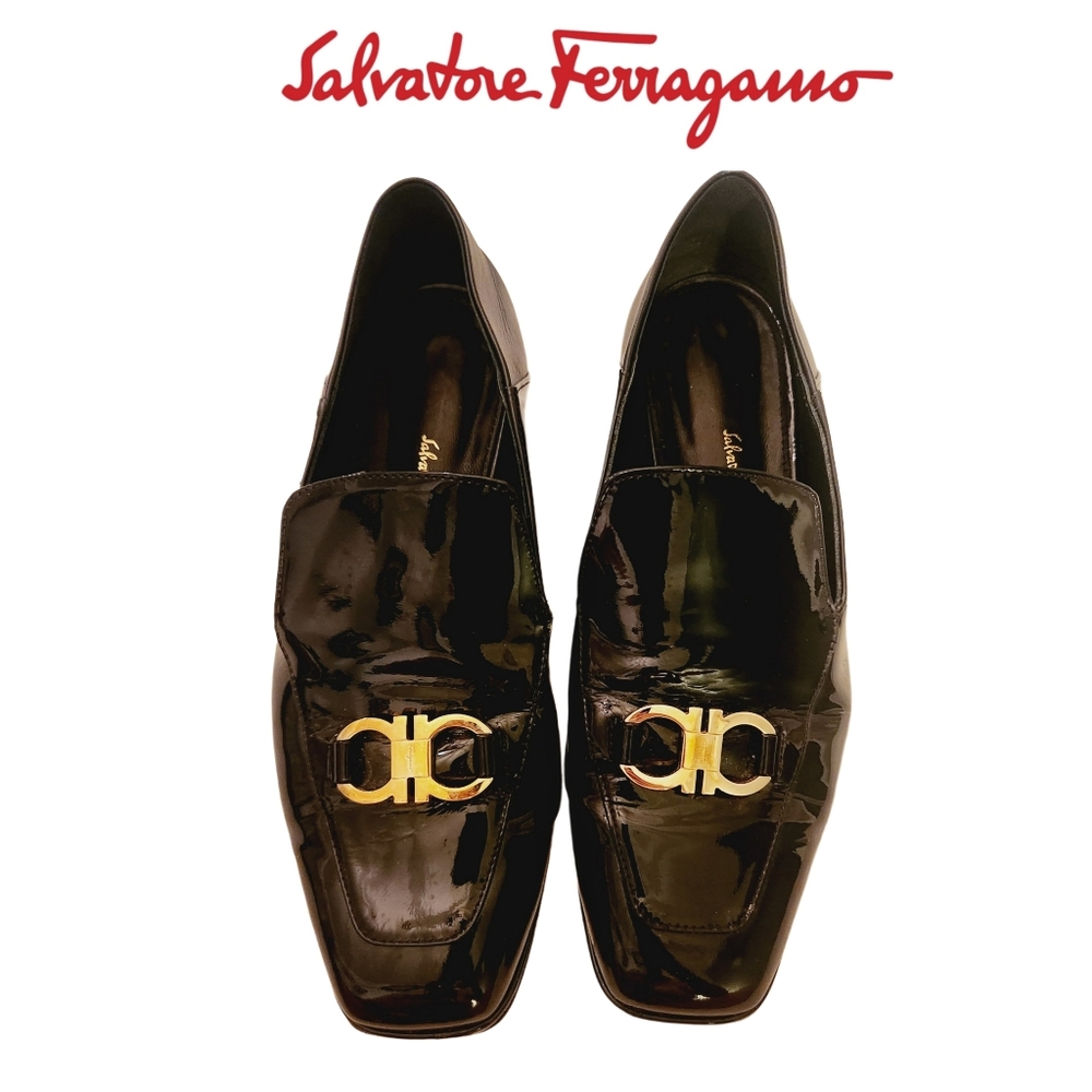 Salvatore Ferragamo Black Patent Leather Slip On Loafers  Size 6